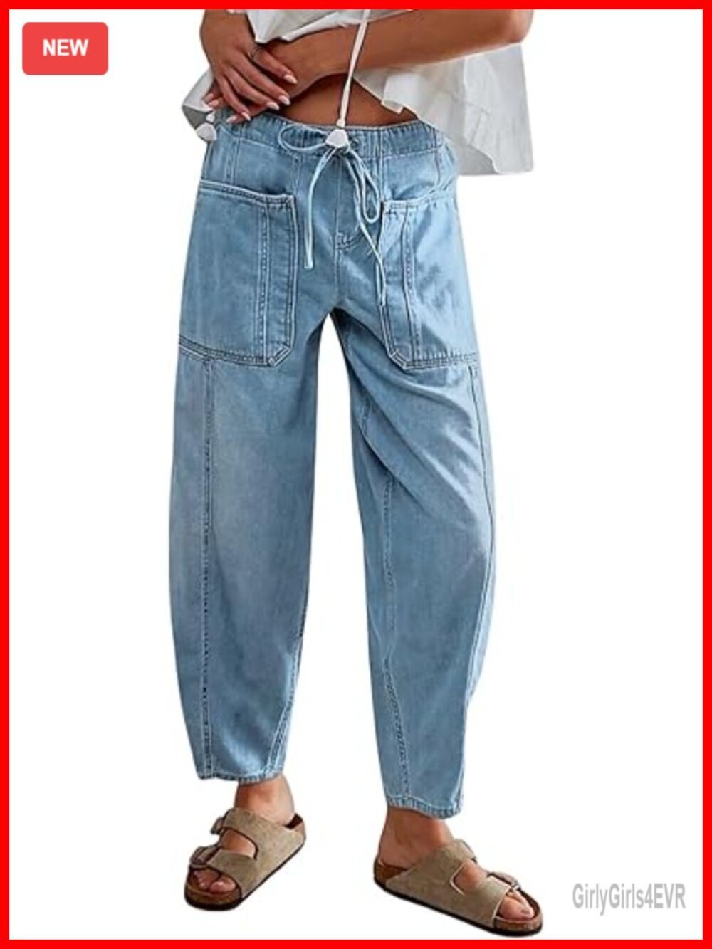 Wide Leg Baggy Jeans Elastic Waist Barrel Ankle Denim Pants Drawstring Loose Fit